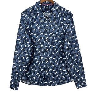Benson 2 Shades of Blue & All Over White Posing Dog Print Cotton Dress Shirt M
